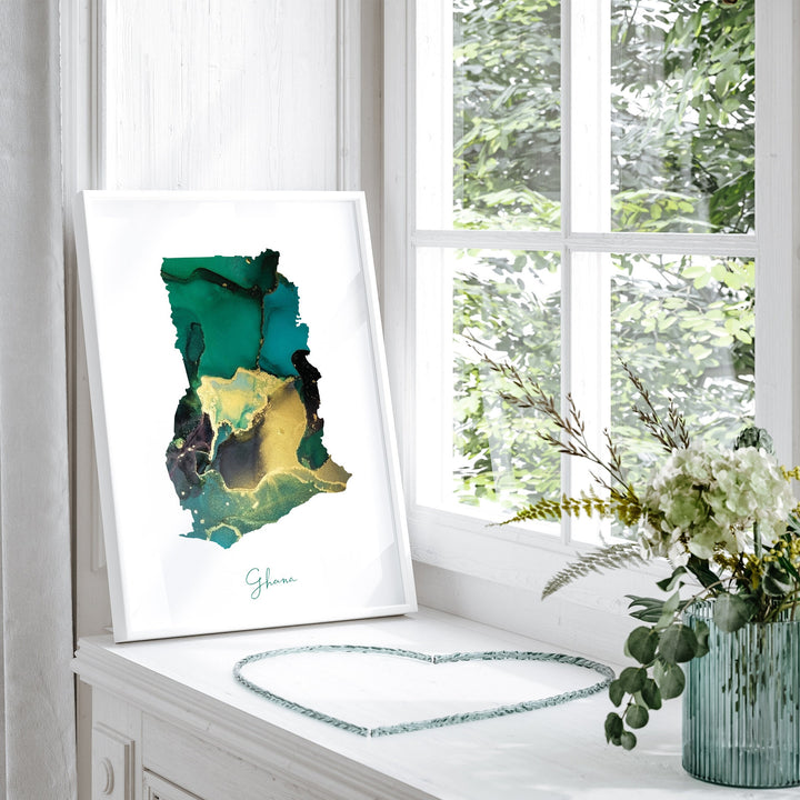 Ghana Map Emerald Green and Gold Wall Art Print