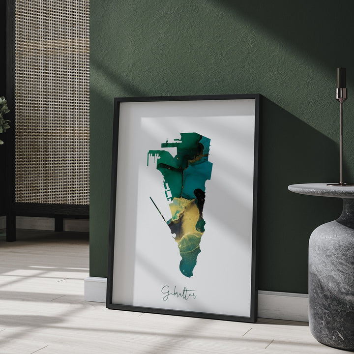 Gibraltar Map Emerald Green and Gold Wall Art Print