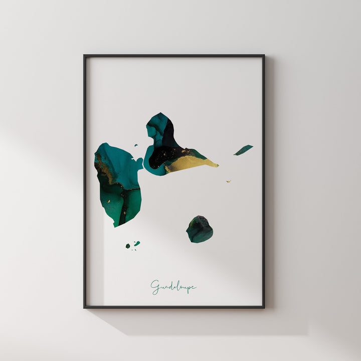 Guadeloupe Map Emerald Green and Gold Wall Art Print