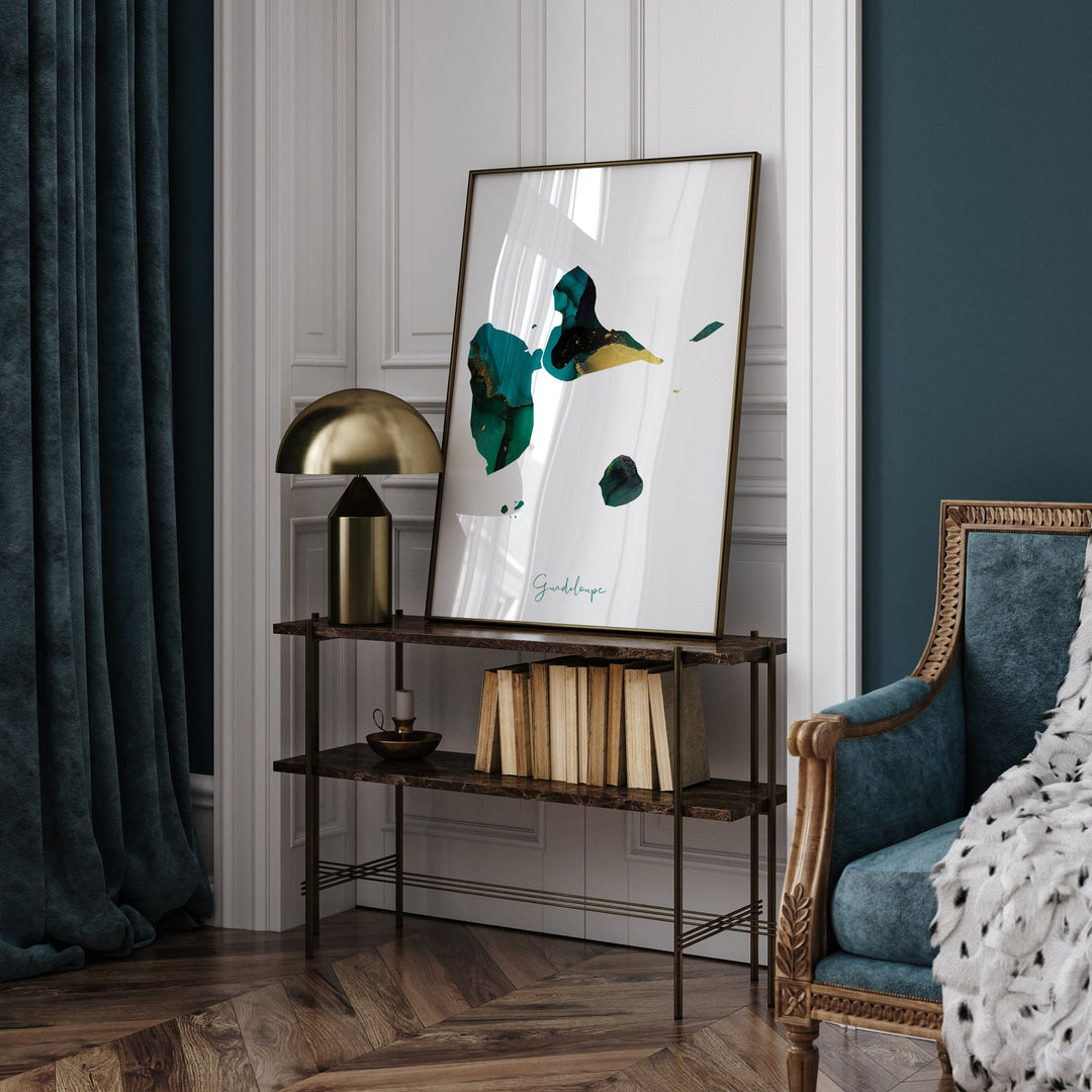 Guadeloupe Map Emerald Green and Gold Wall Art Print