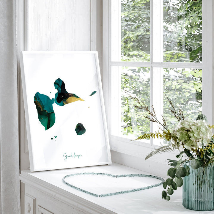 Guadeloupe Map Emerald Green and Gold Wall Art Print