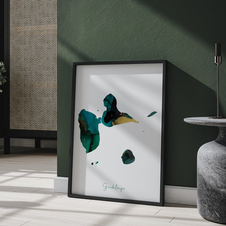 Guadeloupe Map Emerald Green and Gold Wall Art Print
