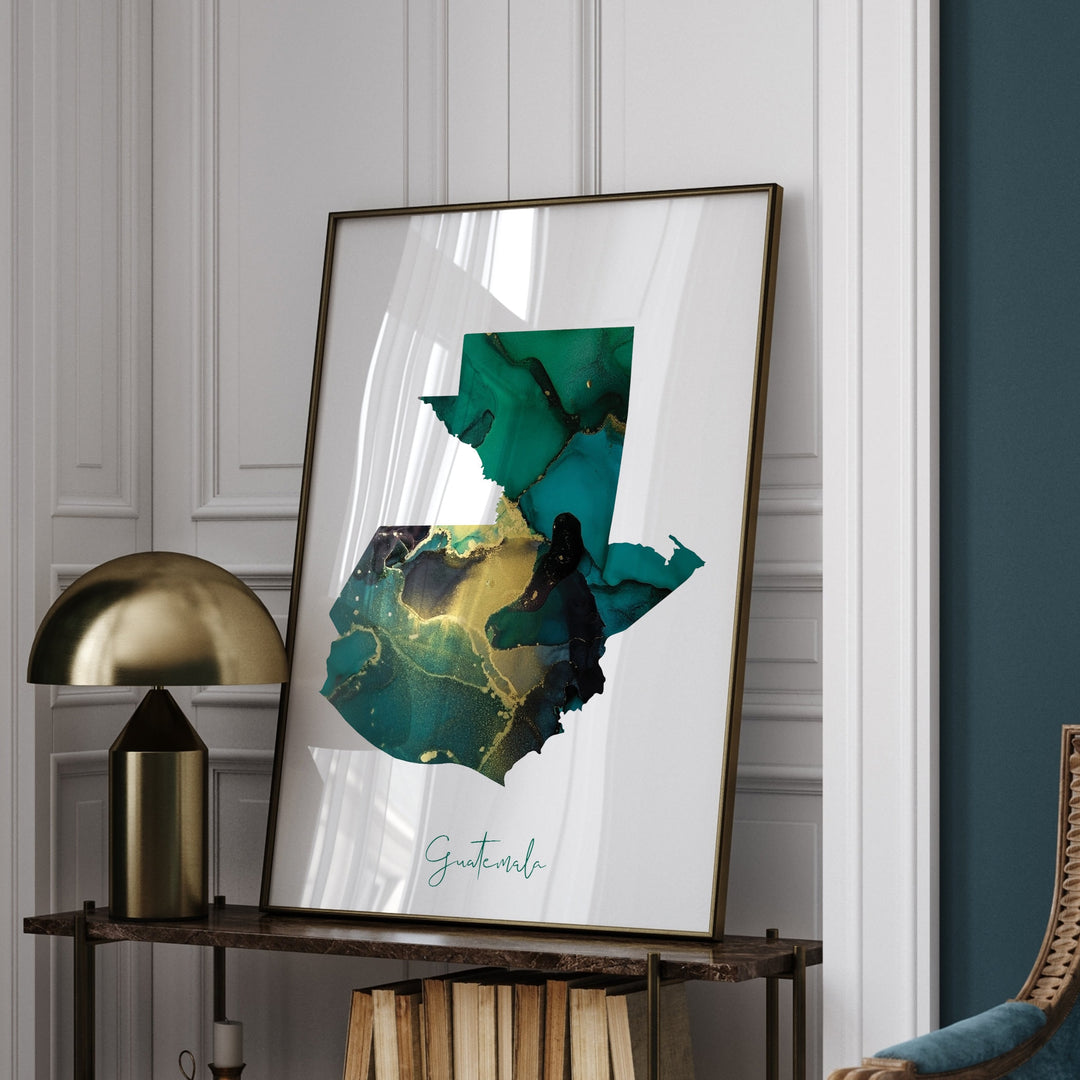 Guatemala Map Emerald Green and Gold Wall Art Print