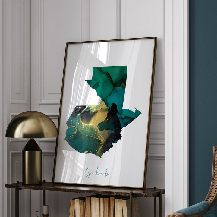 Guatemala Map Emerald Green and Gold Wall Art Print