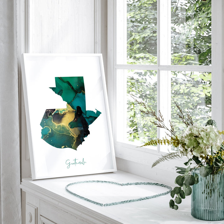 Guatemala Map Emerald Green and Gold Wall Art Print
