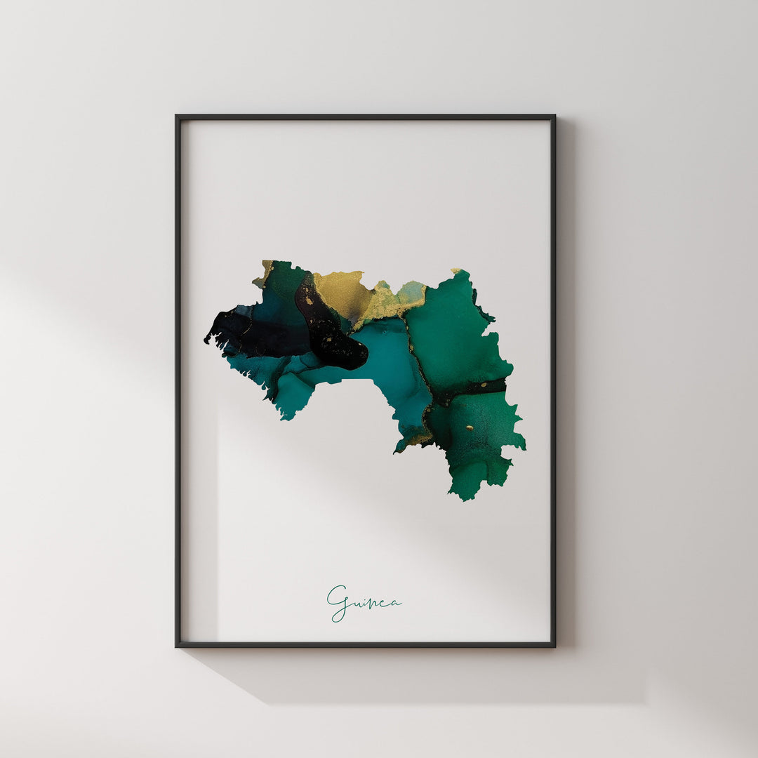 Guinea Map Emerald Green and Gold Wall Art Print