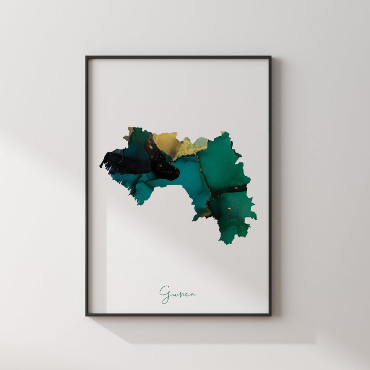 Guinea Map Emerald Green and Gold Wall Art Print