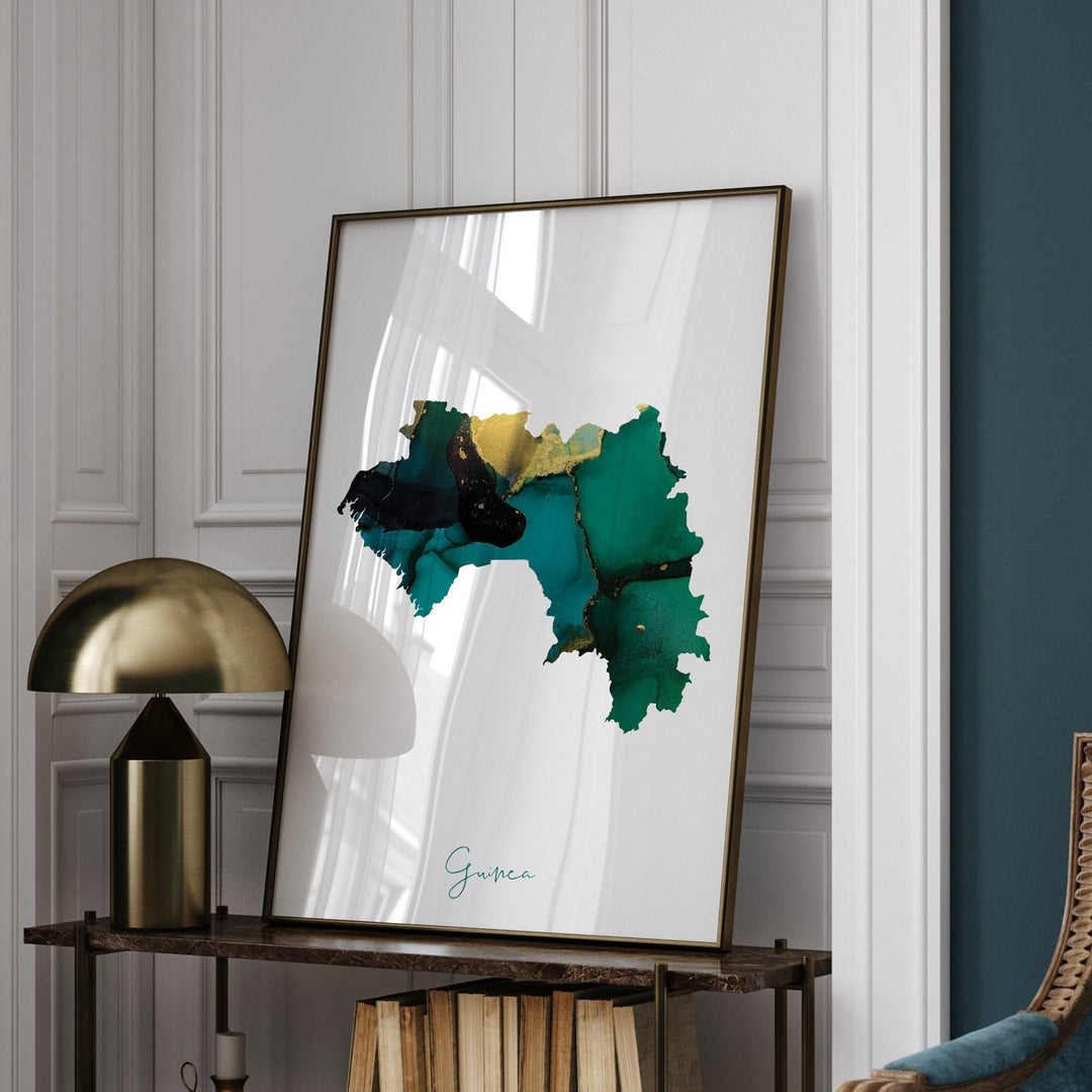 Guinea Map Emerald Green and Gold Wall Art Print