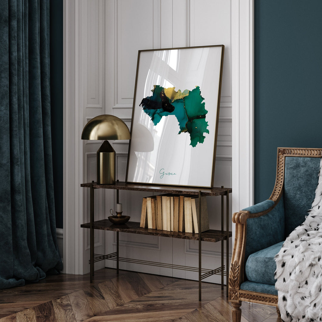 Guinea Map Emerald Green and Gold Wall Art Print