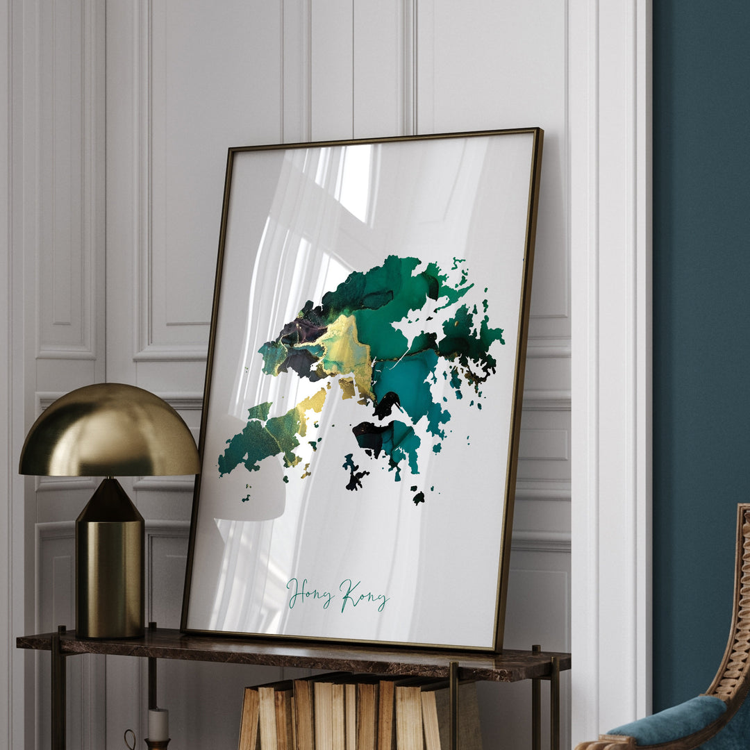 Hong Kong Map Emerald Green and Gold Wall Art Print