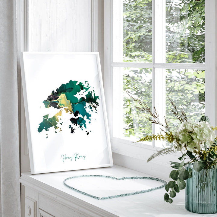 Hong Kong Map Emerald Green and Gold Wall Art Print