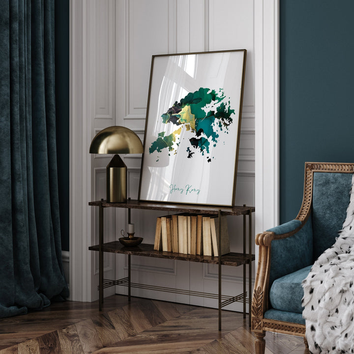 Hong Kong Map Emerald Green and Gold Wall Art Print