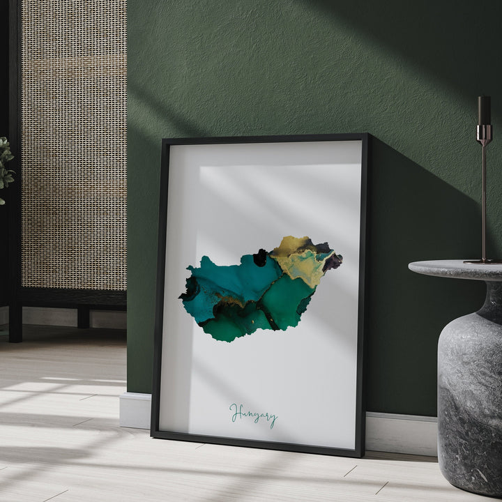 Hungary Map Emerald Green and Gold Wall Art Print