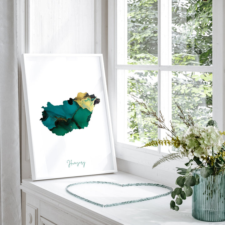 Hungary Map Emerald Green and Gold Wall Art Print