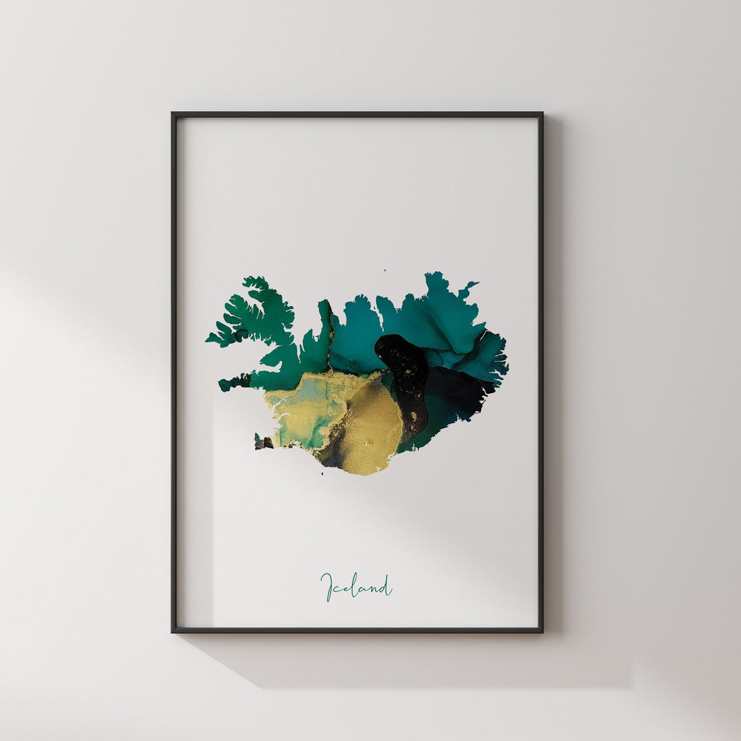 Iceland Map Emerald Green and Gold Wall Art Print