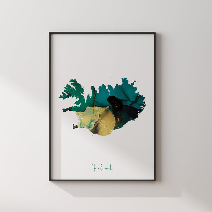 Iceland Map Emerald Green and Gold Wall Art Print