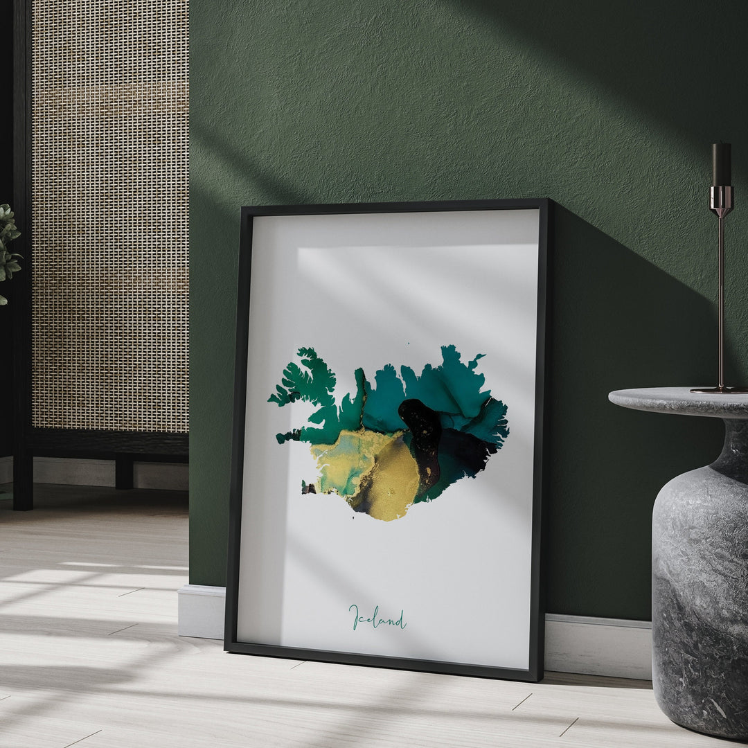 Iceland Map Emerald Green and Gold Wall Art Print