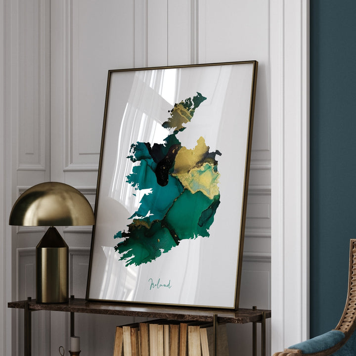 Republic of Ireland Map Emerald Green and Gold Wall Art Print