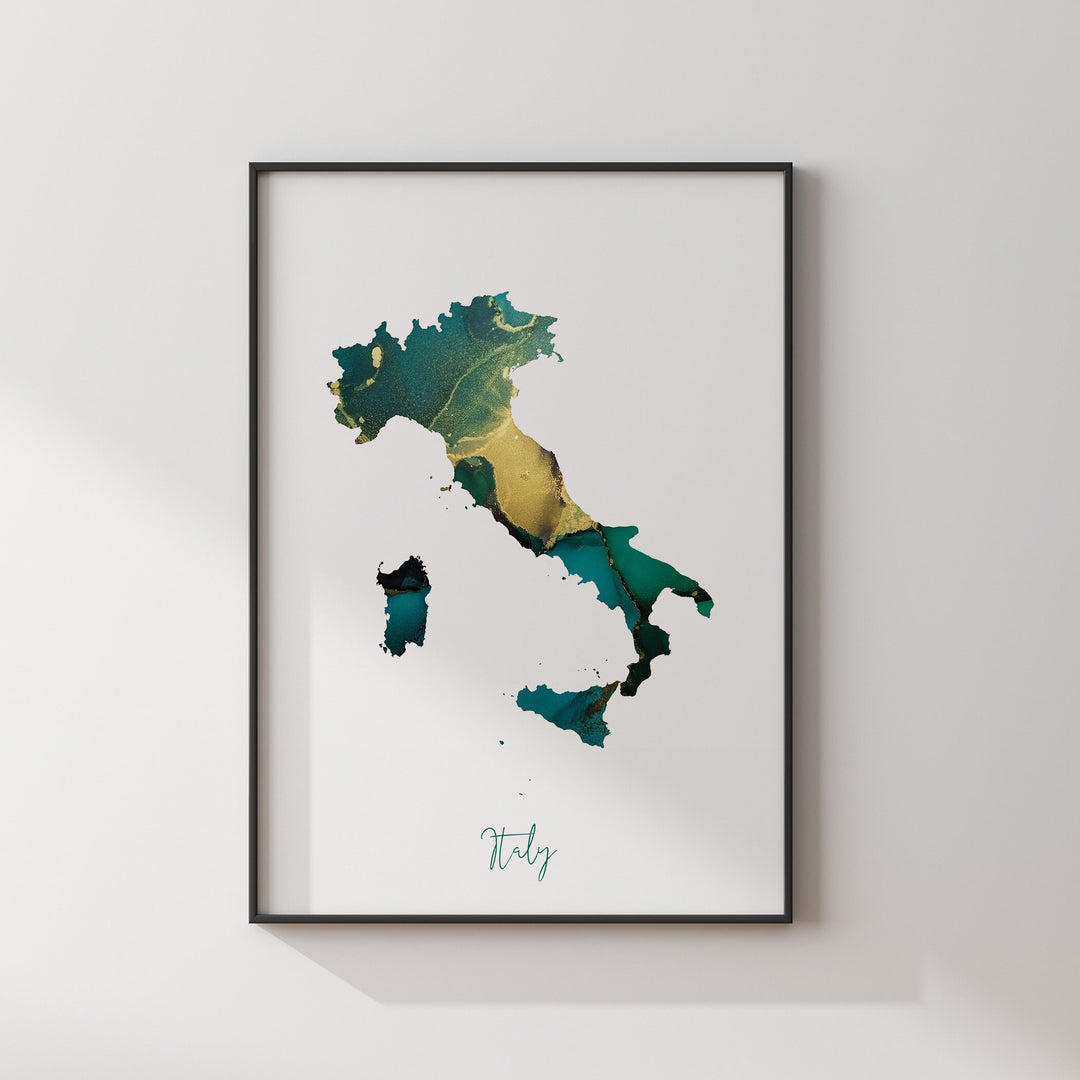 Italy Map Emerald Green and Gold Wall Art Print