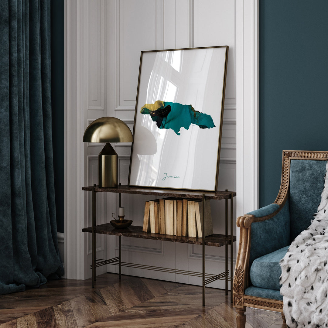 Jamaica Map Emerald Green and Gold Wall Art Print