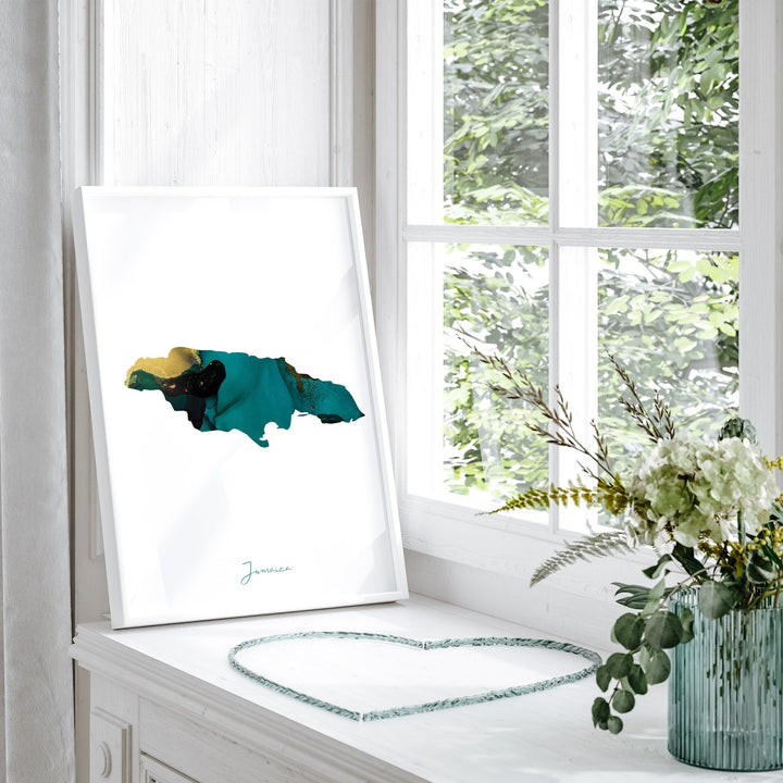 Jamaica Map Emerald Green and Gold Wall Art Print