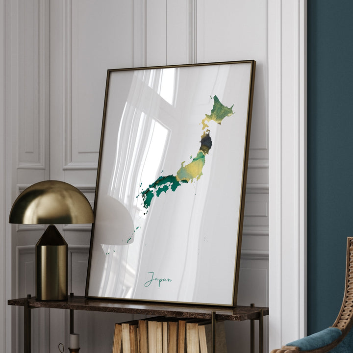 Japan Map Emerald Green and Gold Wall Art Print