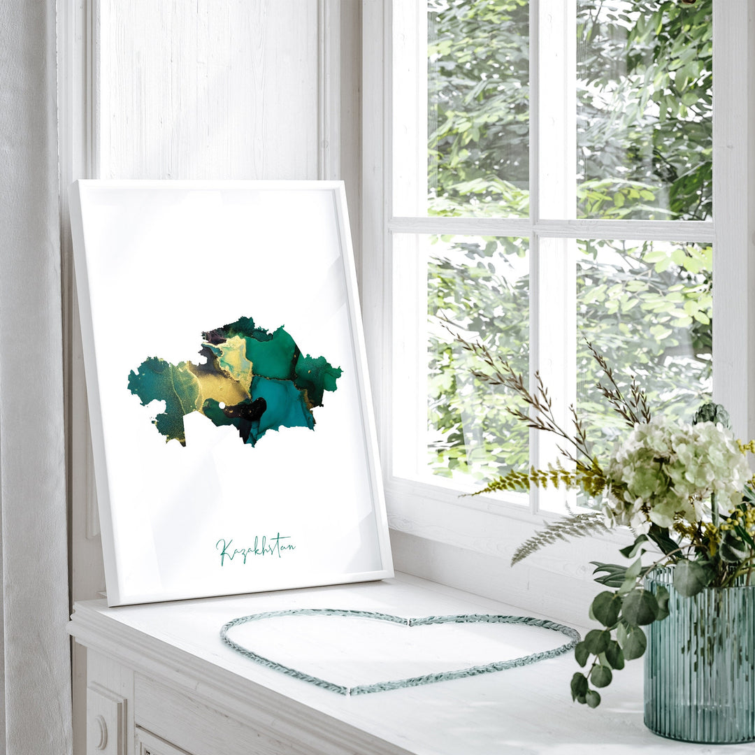 Kazakhstan Map Emerald Green and Gold Wall Art Print
