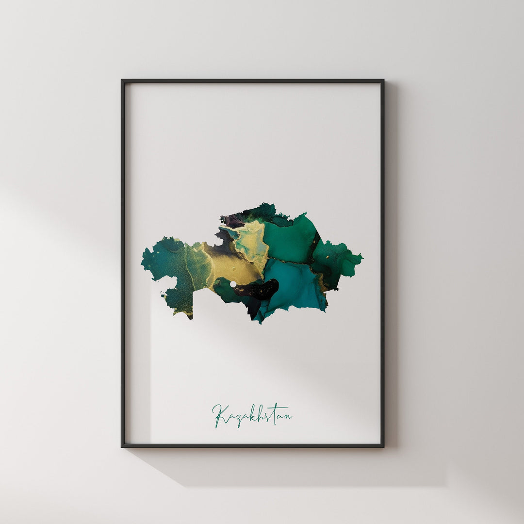 Kazakhstan Map Emerald Green and Gold Wall Art Print