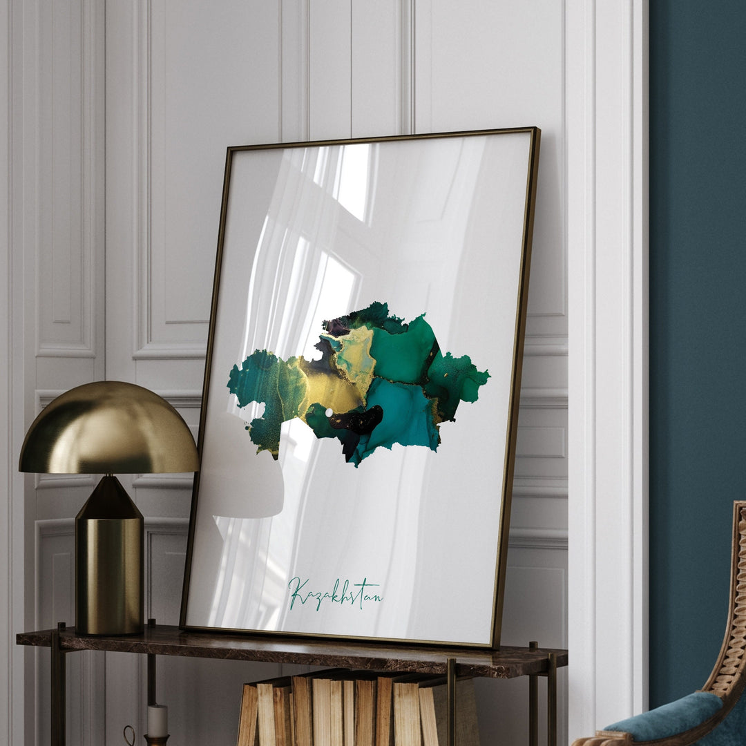 Kazakhstan Map Emerald Green and Gold Wall Art Print