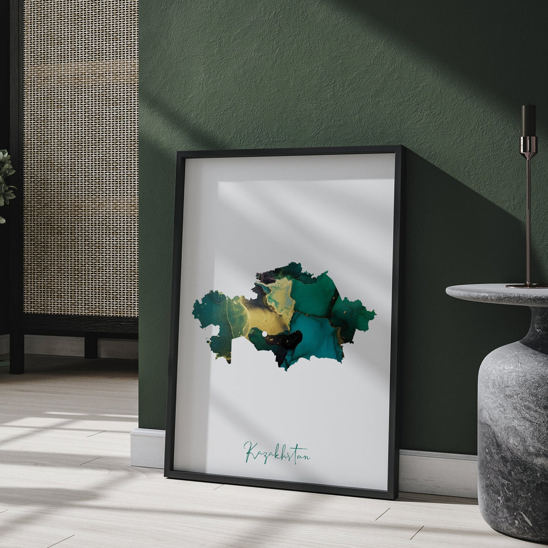 Kazakhstan Map Emerald Green and Gold Wall Art Print