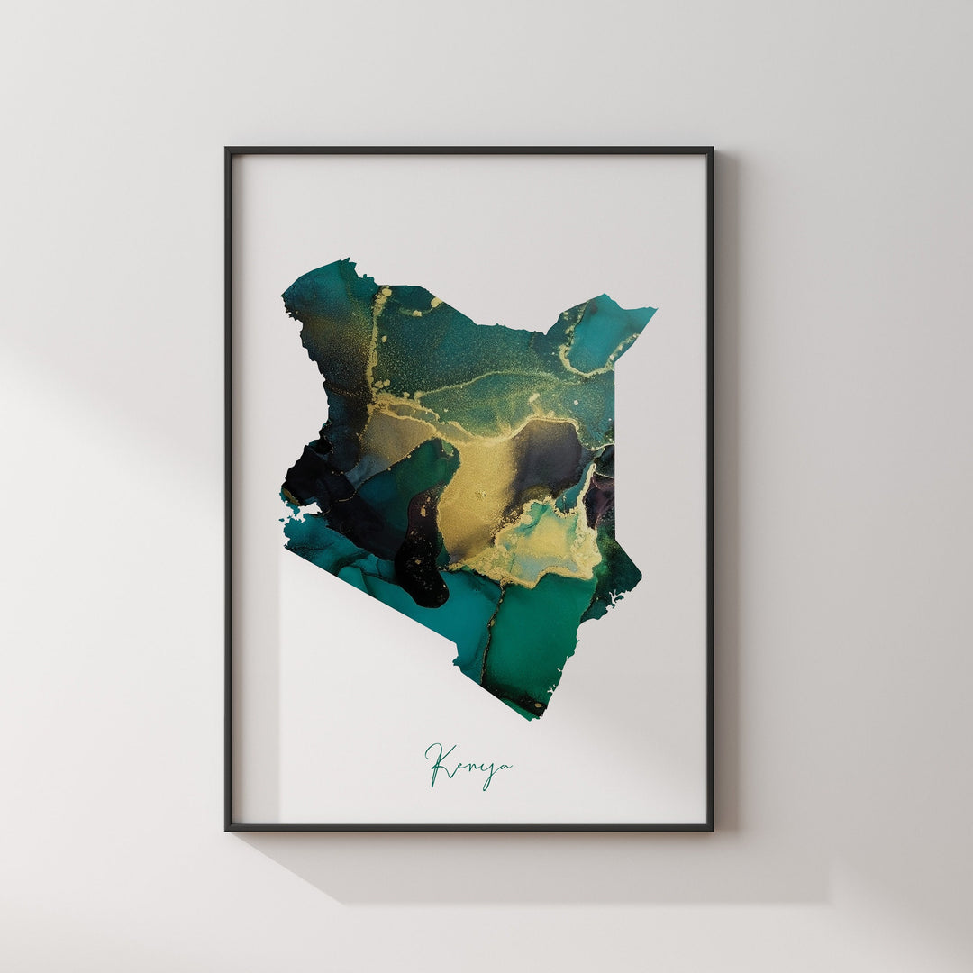 Kenya Map Emerald Green and Gold Wall Art Print