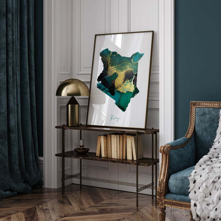 Kenya Map Emerald Green and Gold Wall Art Print