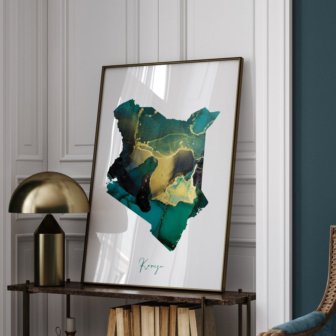 Kenya Map Emerald Green and Gold Wall Art Print