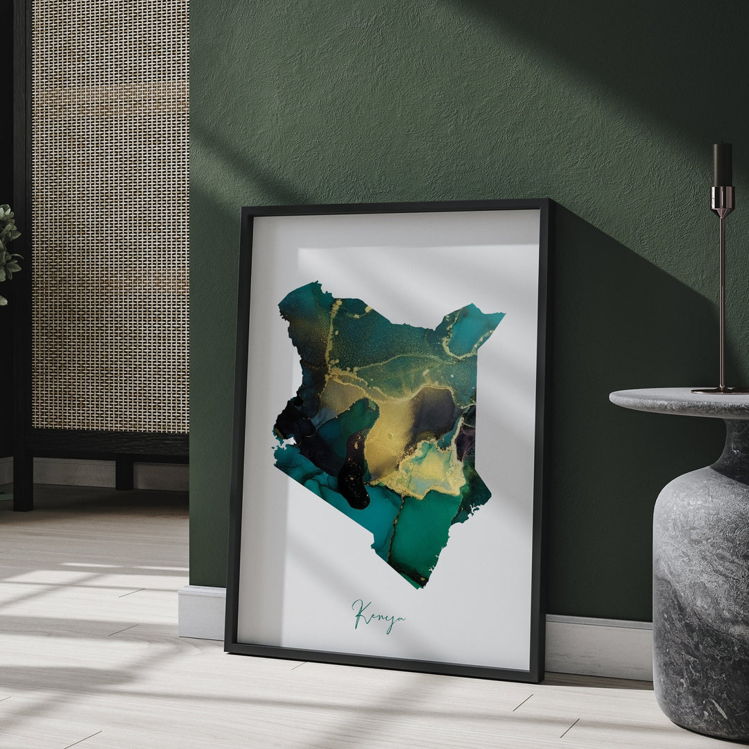 Kenya Map Emerald Green and Gold Wall Art Print