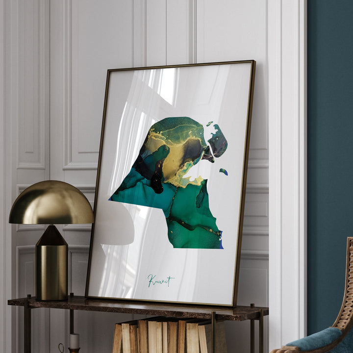 Kuwait Map Emerald Green and Gold Wall Art Print
