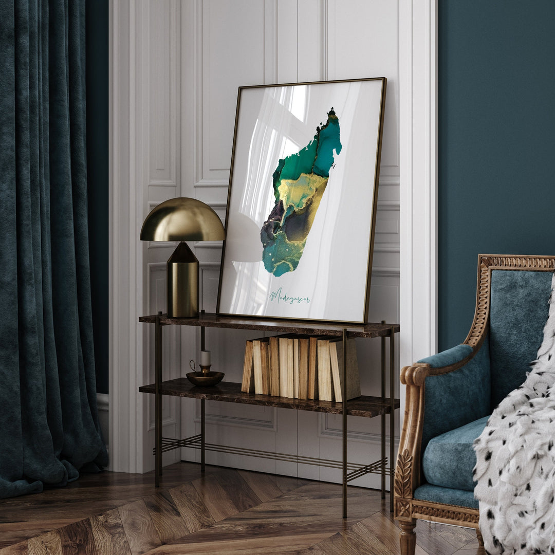 Madagascar Map Emerald Green and Gold Wall Art Print