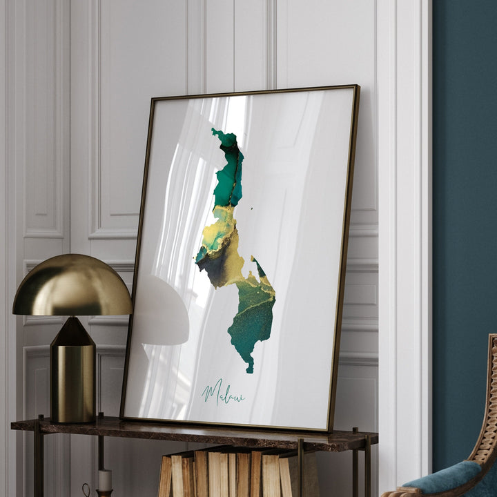 Malawi Map Emerald Green and Gold Wall Art Print