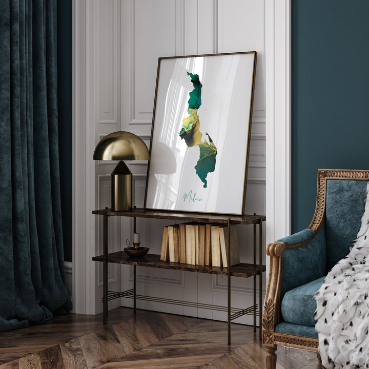 Malawi Map Emerald Green and Gold Wall Art Print