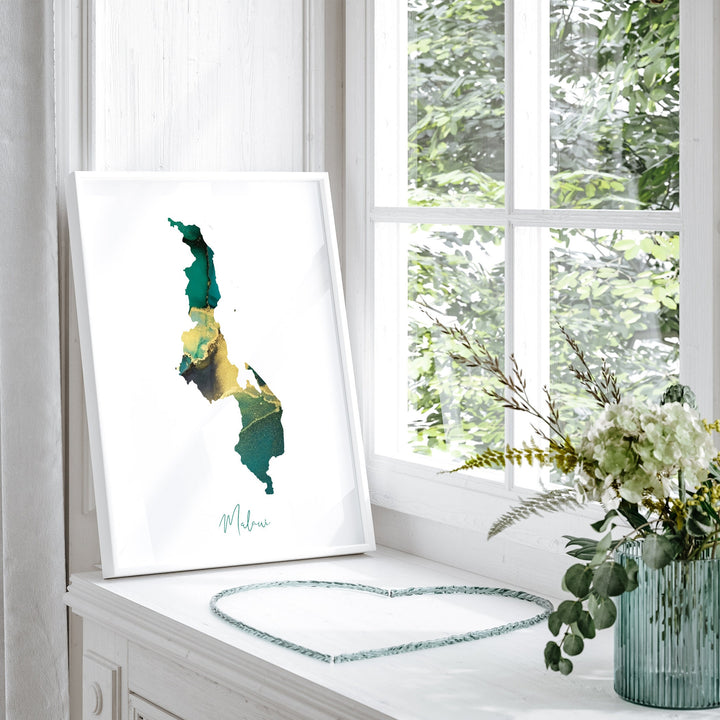 Malawi Map Emerald Green and Gold Wall Art Print