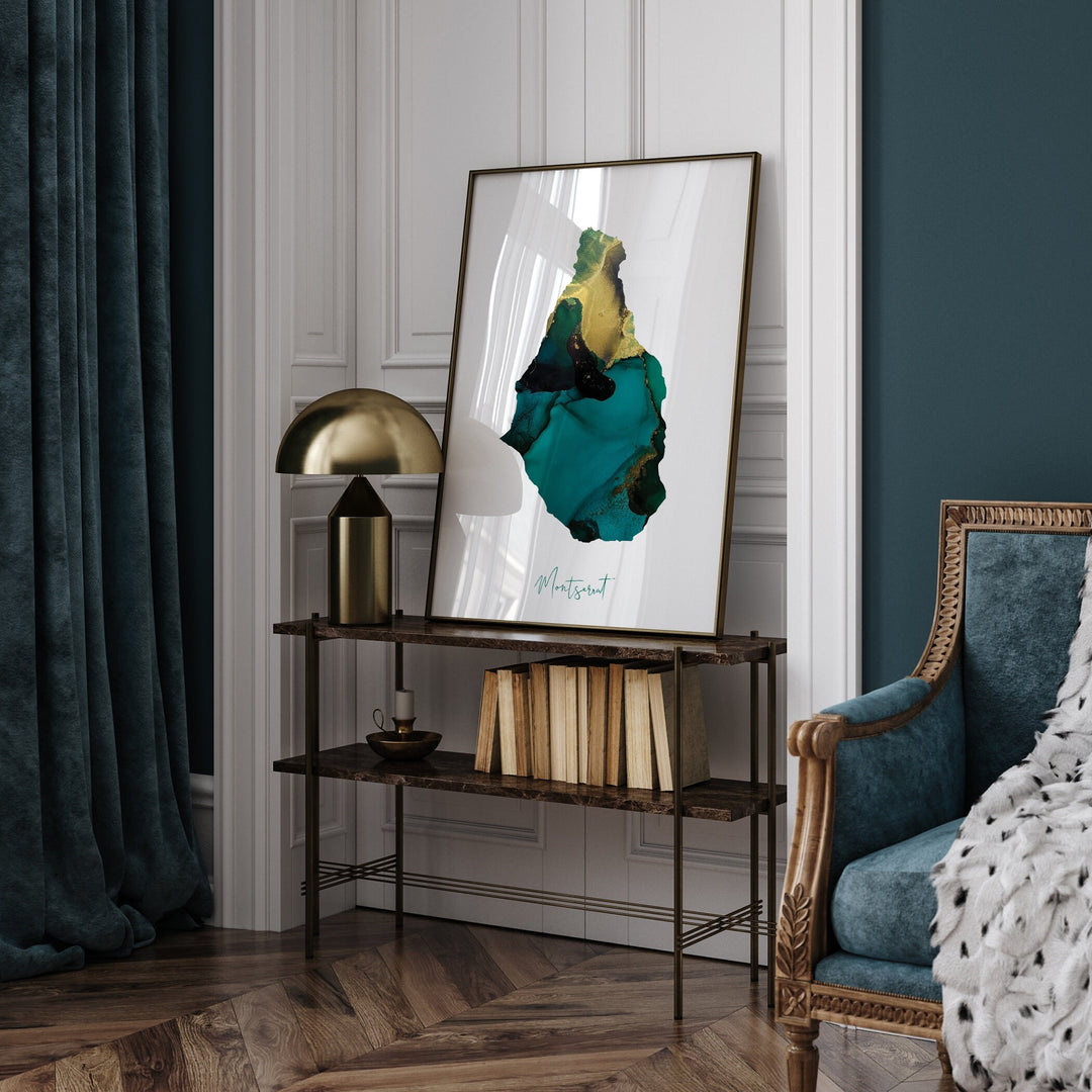 Montserrat Map Emerald Green and Gold Wall Art Print