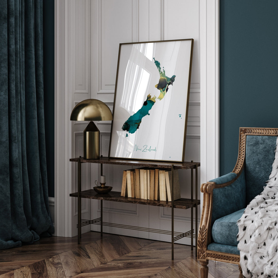 New Zealand Map Emerald Green and Gold Wall Art Print