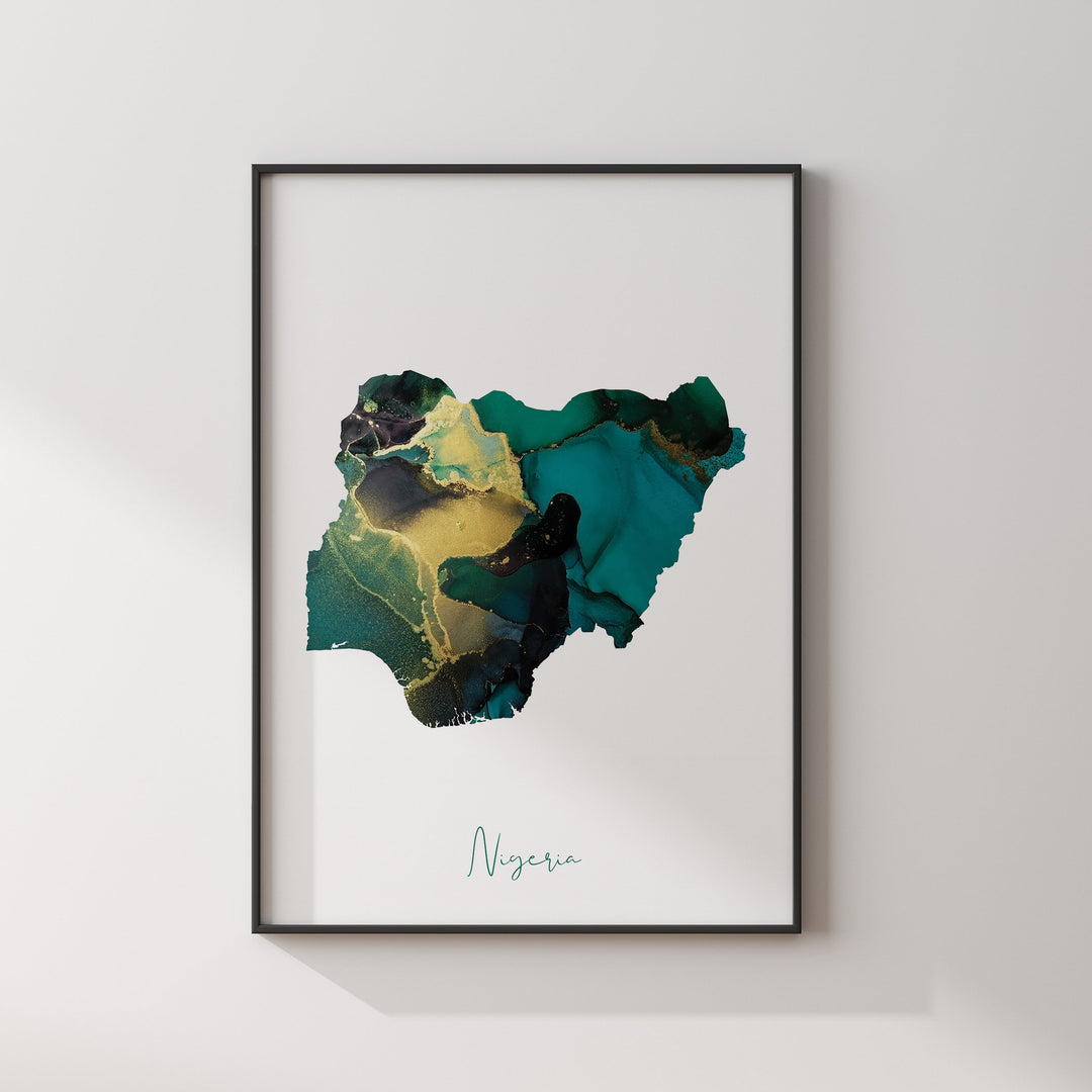 Nigeria Map Emerald Green and Gold Wall Art Print