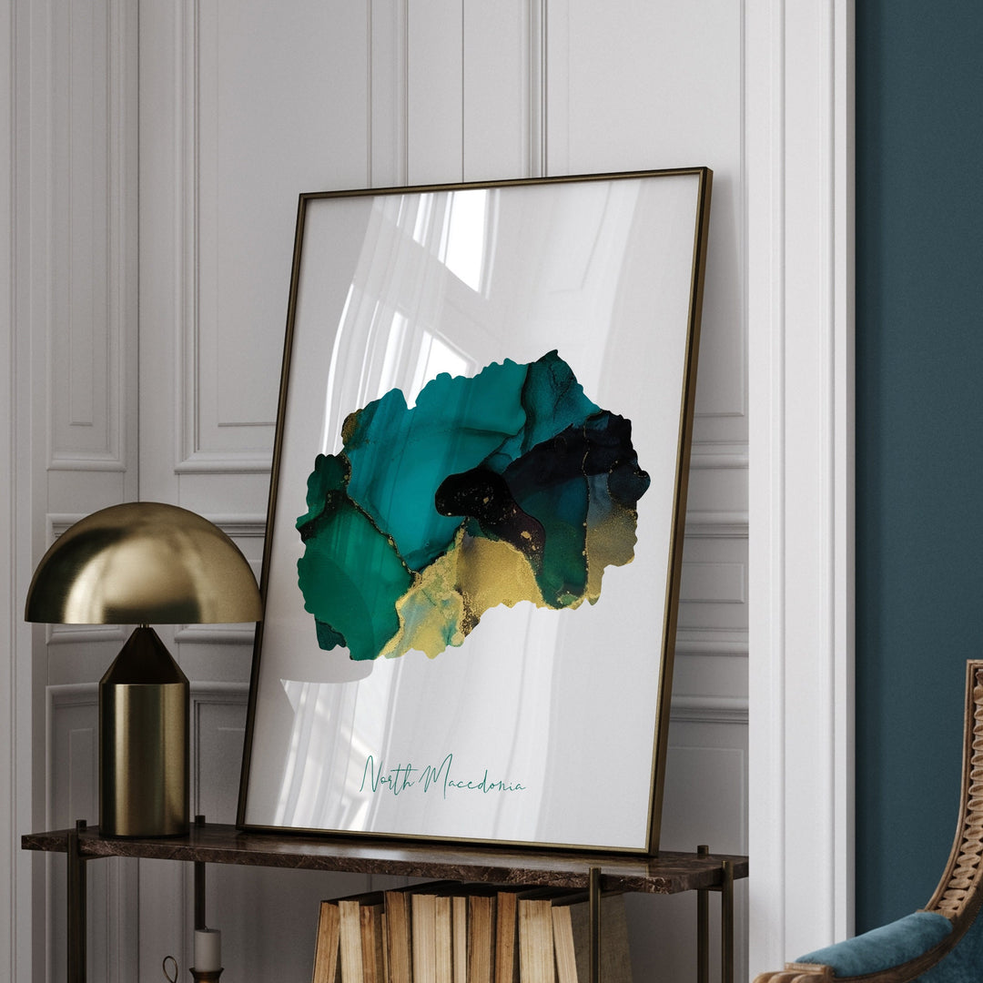 North Macedonia Map Emerald Green and Gold Wall Art Print