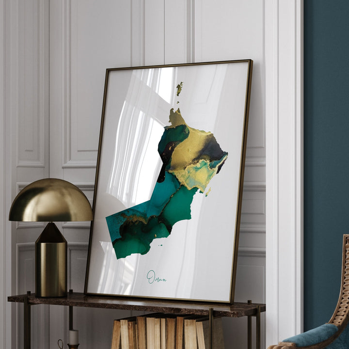 Oman Map Emerald Green and Gold Wall Art Print