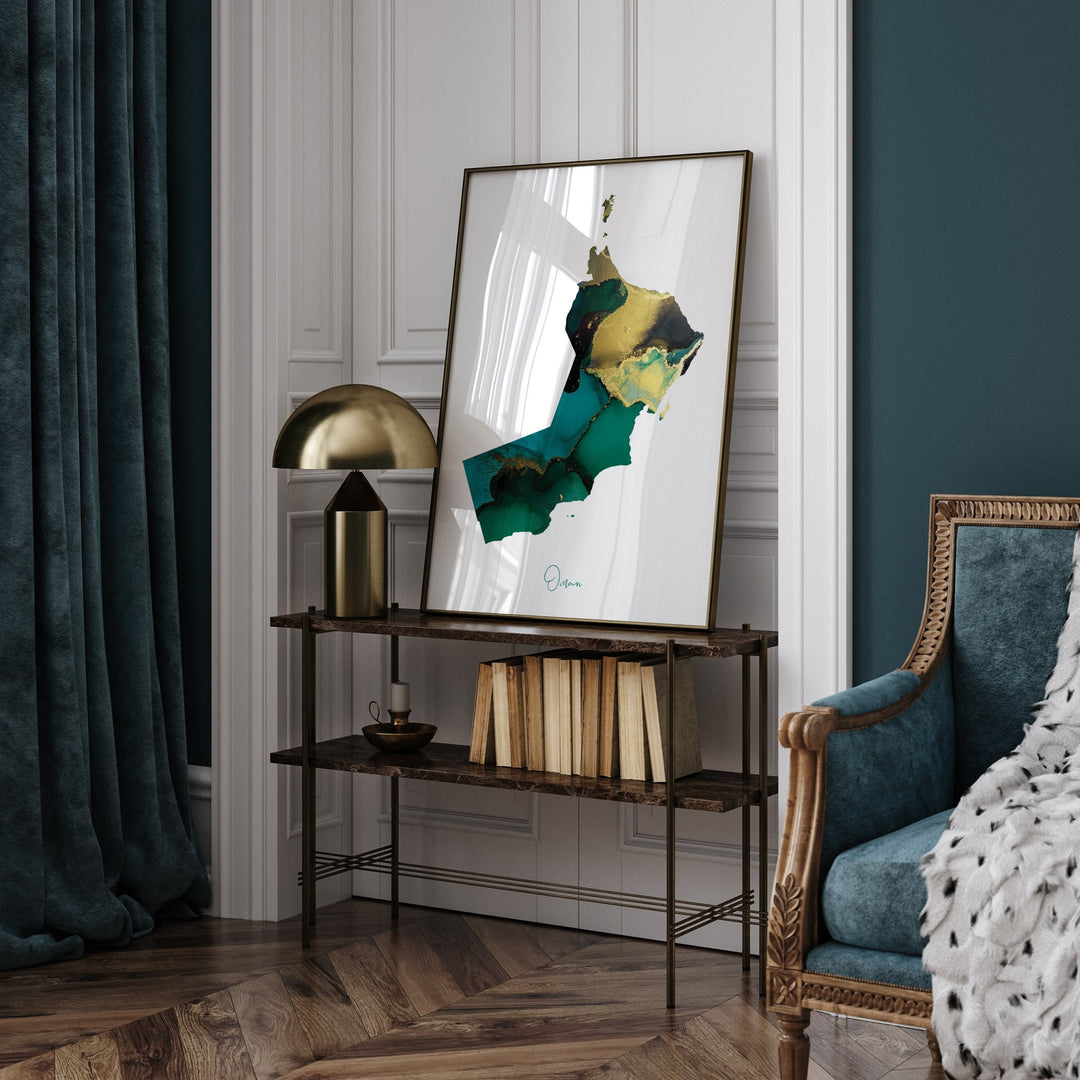 Oman Map Emerald Green and Gold Wall Art Print