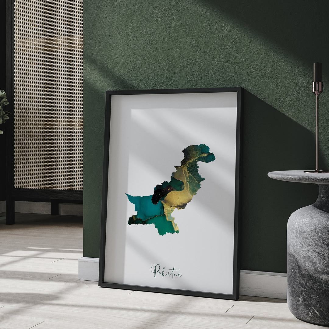 Pakistan Map Emerald Green and Gold Wall Art Print