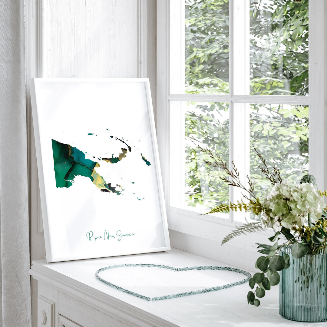 Papua New Guinea Map Emerald Green and Gold Wall Art Print