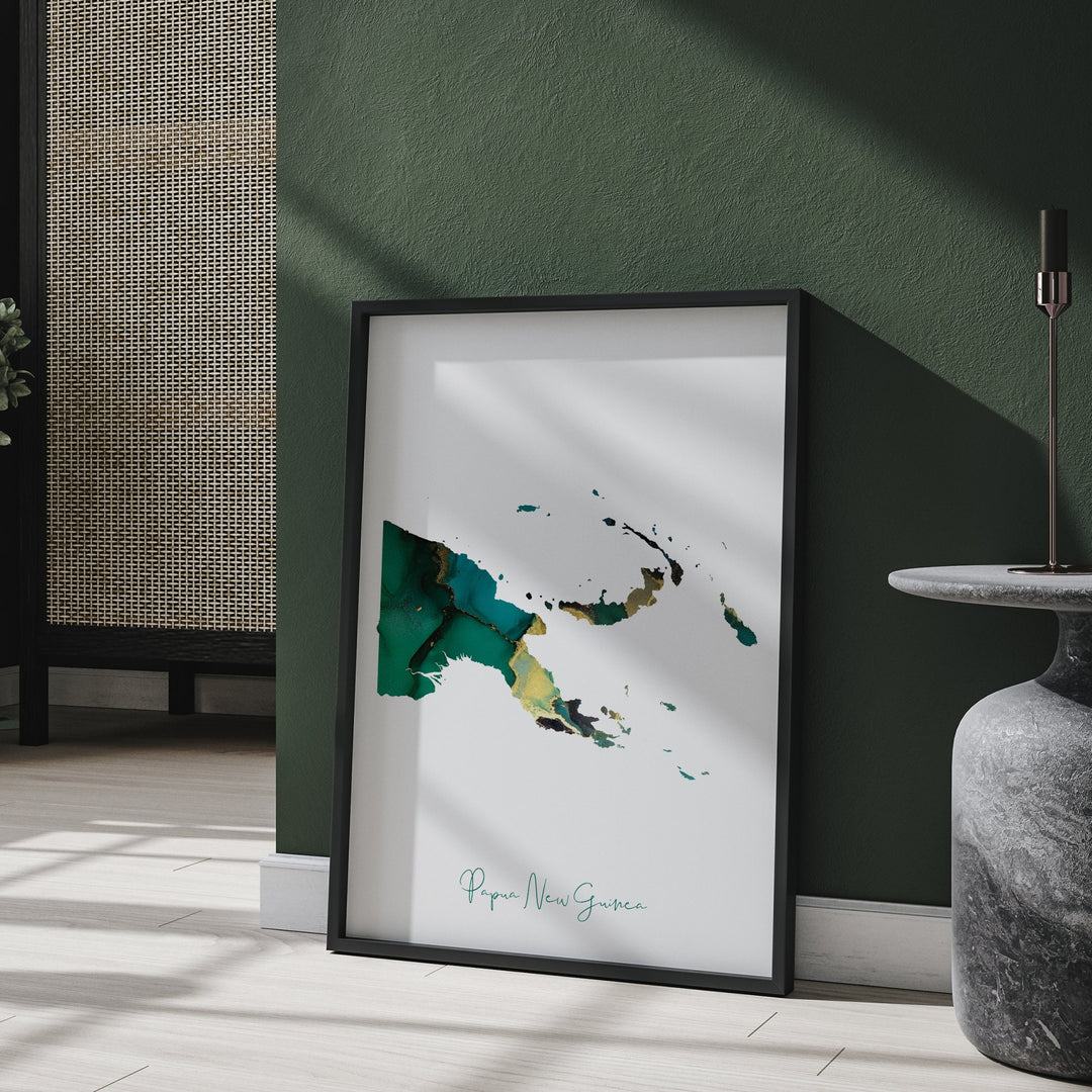 Papua New Guinea Map Emerald Green and Gold Wall Art Print