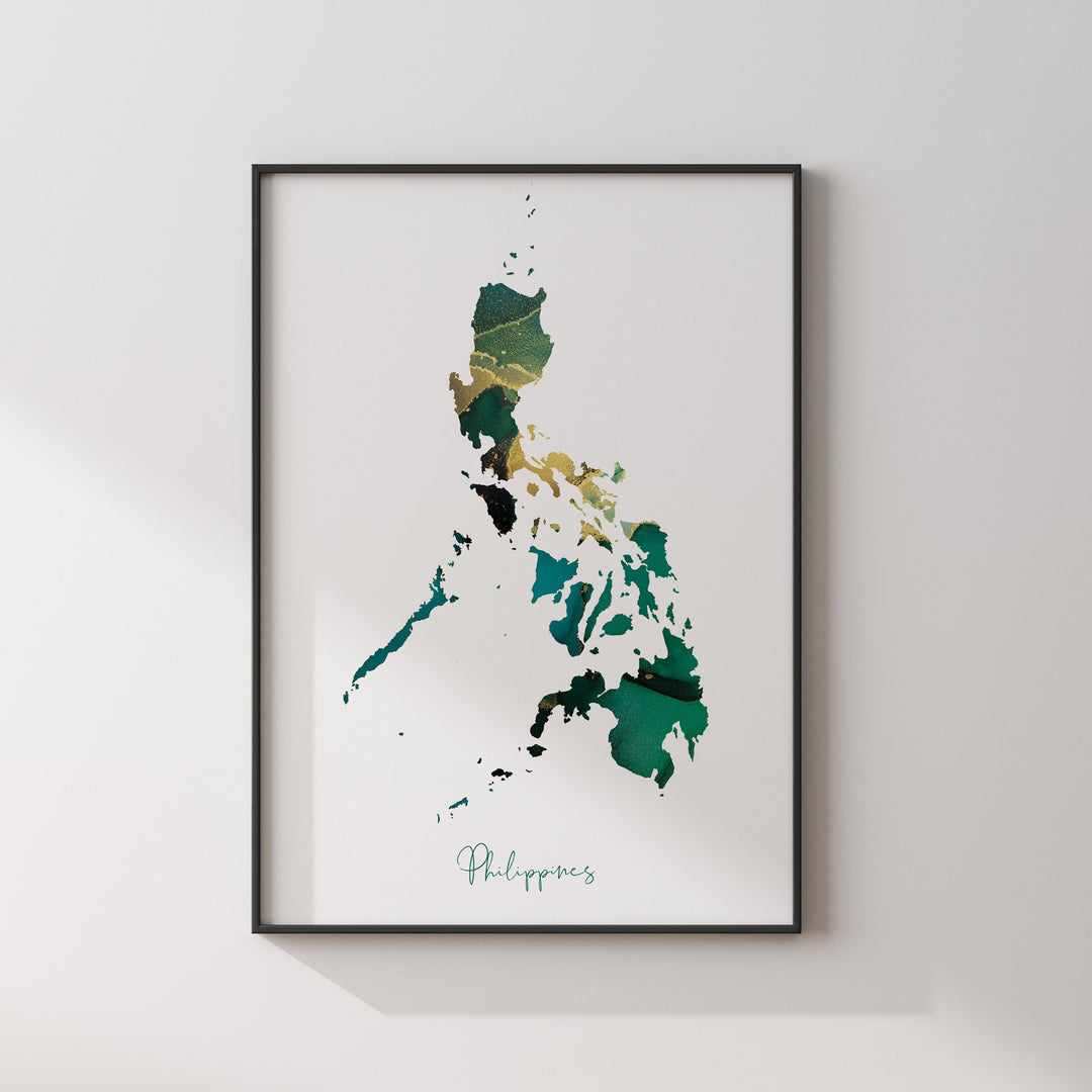 Philippines Map Emerald Green and Gold Wall Art Print