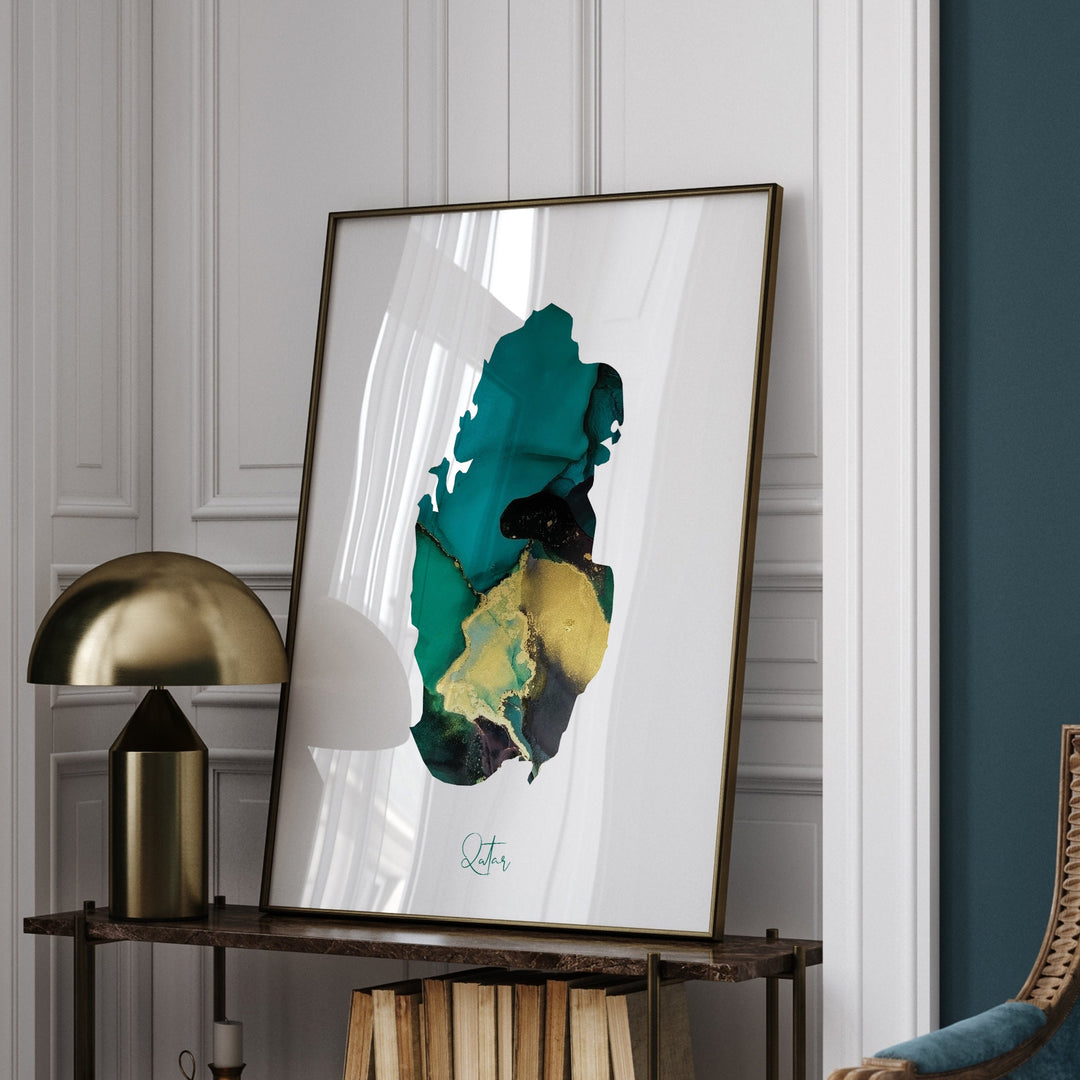 Qatar Map Emerald Green and Gold Wall Art Print